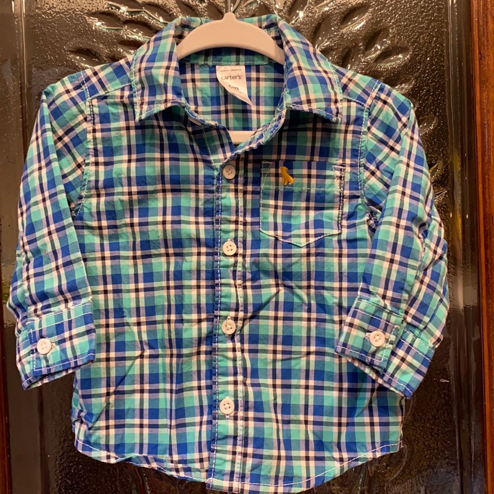 Carter’s button down shirt, 6 months, blue & green plaid